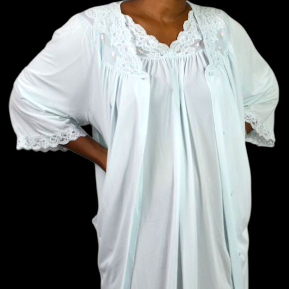 Vintage Shadowline Peignoir Set Blue Powder Chiffon Sheer Nylon Gown Robe XL - Picture 15 of 16
